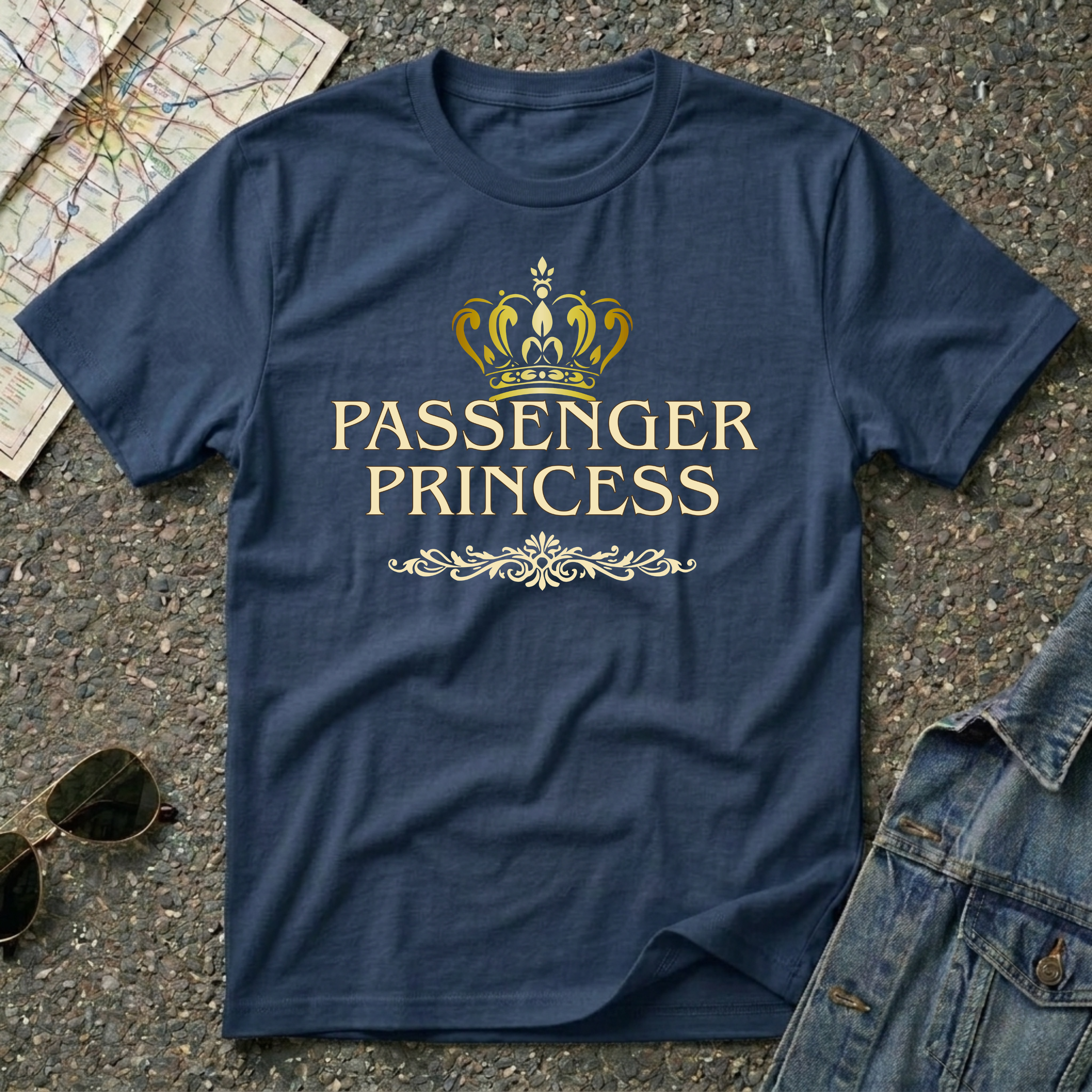 Passenger Princess T-shirt featuring a gold crown and elegant vintage inspired typography for road trip lovers and travel enthusiasts.