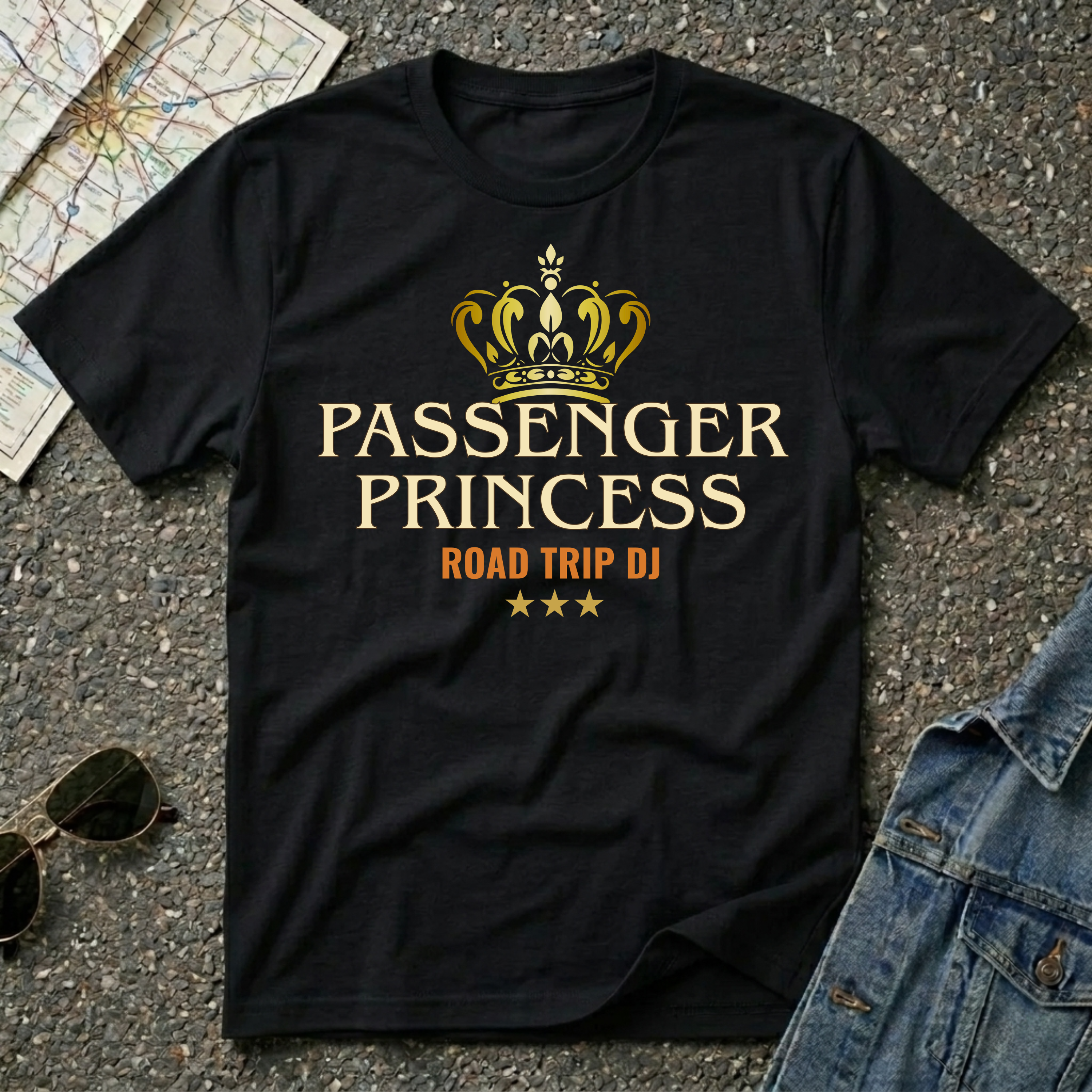 Passenger Princess – Road Trip DJ T-shirt featuring a gold cron and vintage typography for road trip and music lovers.