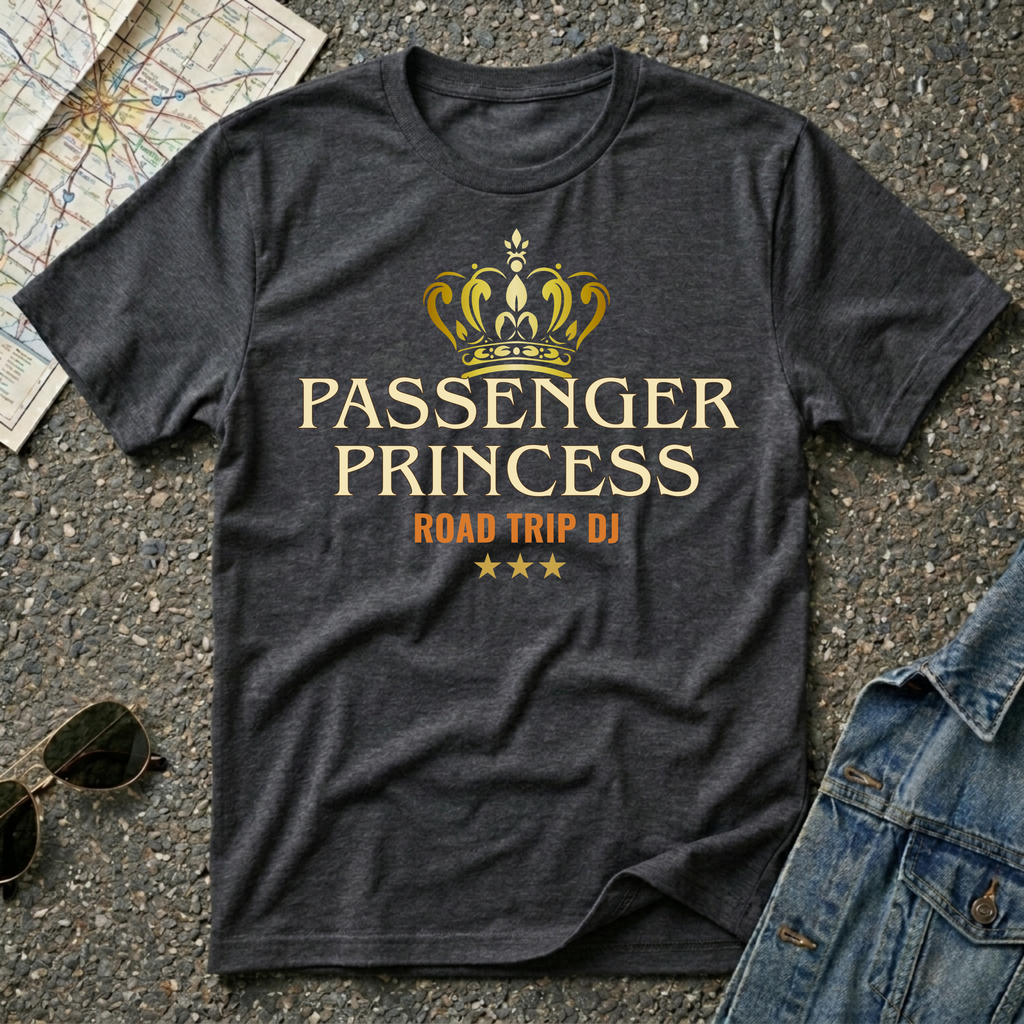 Passenger Princess – Road Trip DJ T-shirt featuring a gold cron and vintage typography for road trip and music lovers.