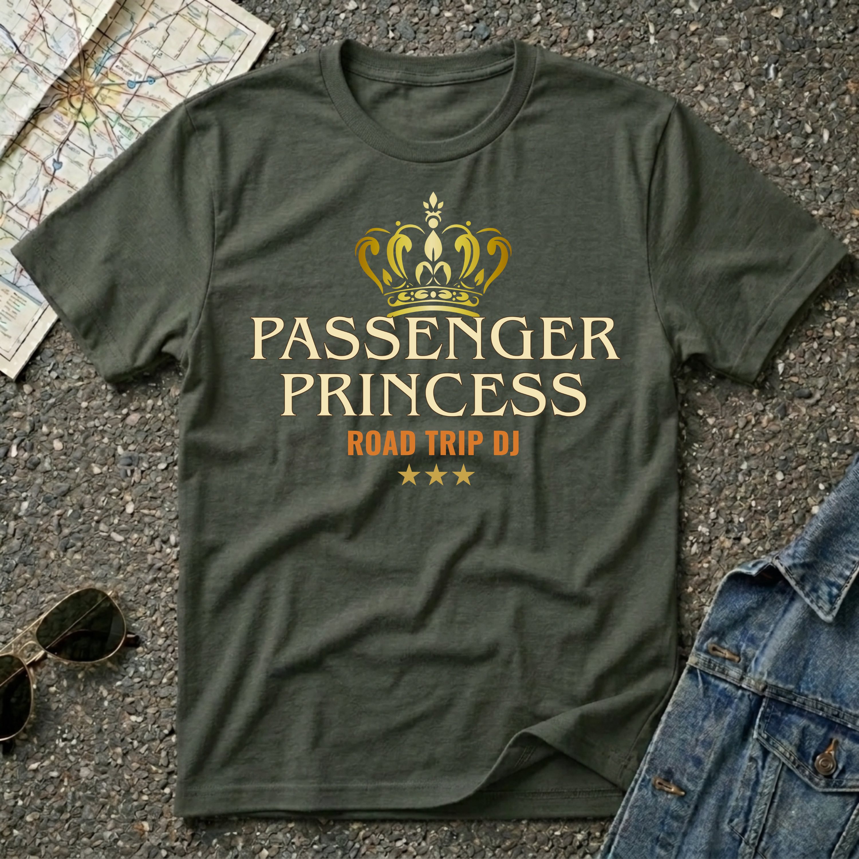 Passenger Princess – Road Trip DJ T-shirt featuring a gold cron and vintage typography for road trip and music lovers.