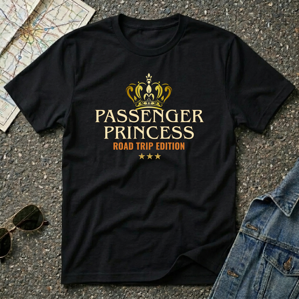 Passenger Princess–Road Trip Edition T-shirt featuring a gold crown and vintage inspired design for travel and road trip enthusiasts.