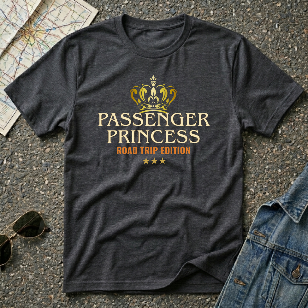 Passenger Princess–Road Trip Edition T-shirt featuring a gold crown and vintage inspired design for travel and road trip enthusiasts.