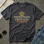 Passenger Princess–Road Trip Edition T-shirt featuring a gold crown and vintage inspired design for travel and road trip enthusiasts.