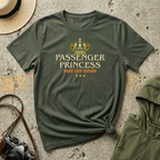 Military green 'Passenger Princess Road Trip Edition' t-shirt with gold crown and three gold stars vintage typography