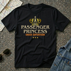 Passenger Princess –Snack Supervisor T-shirt featuring a gold crown and vintage typography for road trip snack lovers and travel enthusiasts.