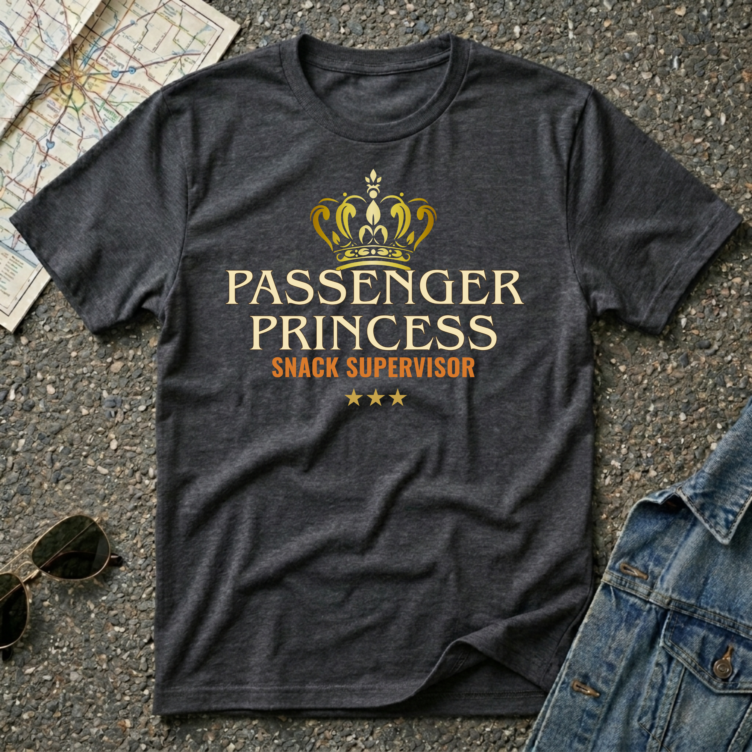 Passenger Princess –Snack Supervisor T-shirt featuring a gold crown and vintage typography for road trip snack lovers and travel enthusiasts.