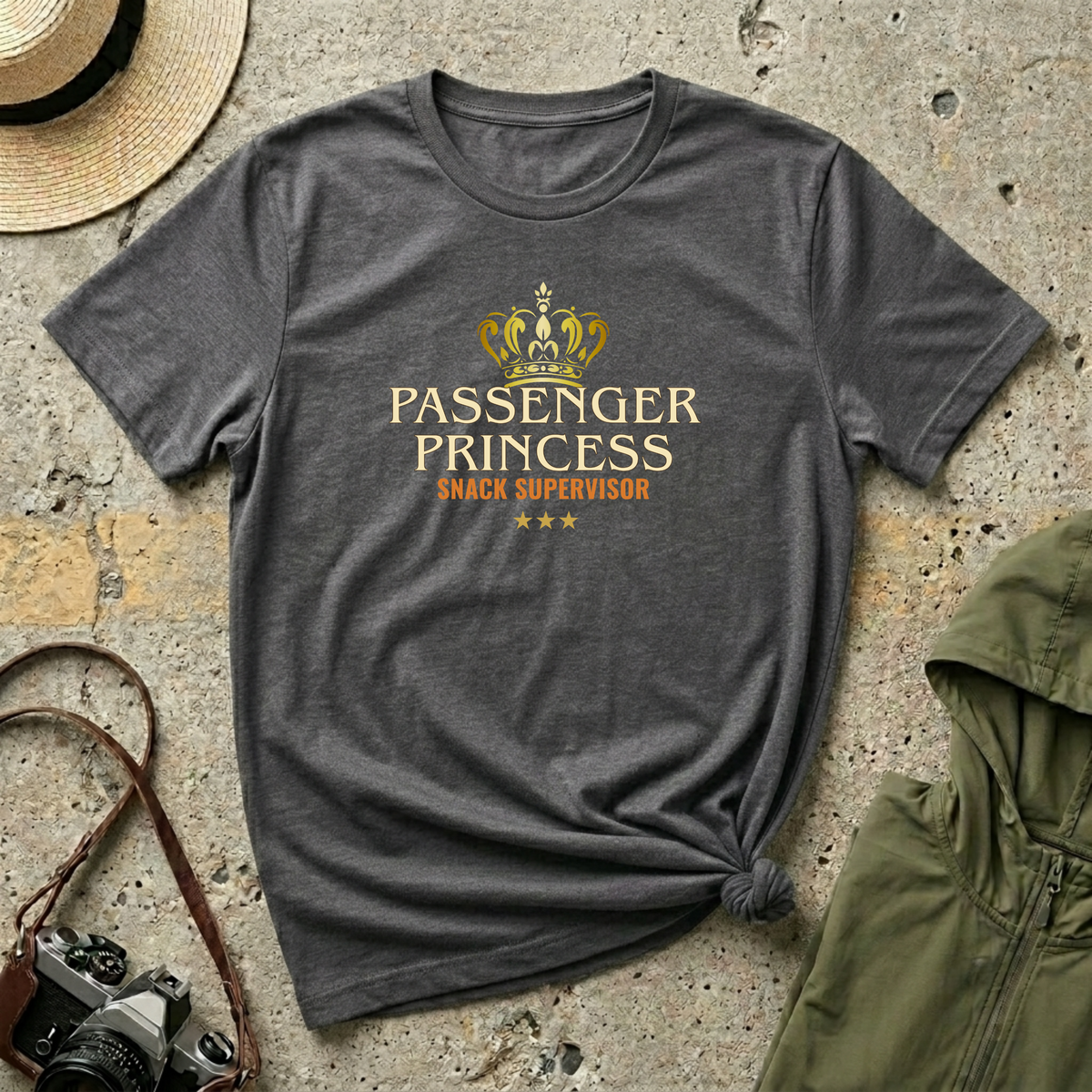 Dark heather 'Passenger Princess Snack Supervisor' t-shirt vintage inspired gold crown and three gold stars