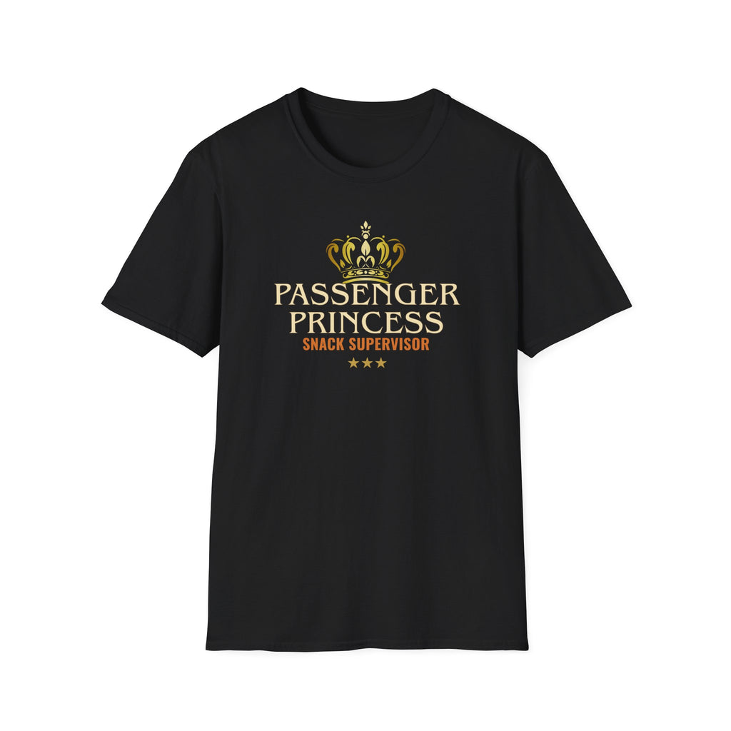 Black 'Passenger Princess Snack Supervisor' t-shirt vintage inspired gold crown and three gold stars white background