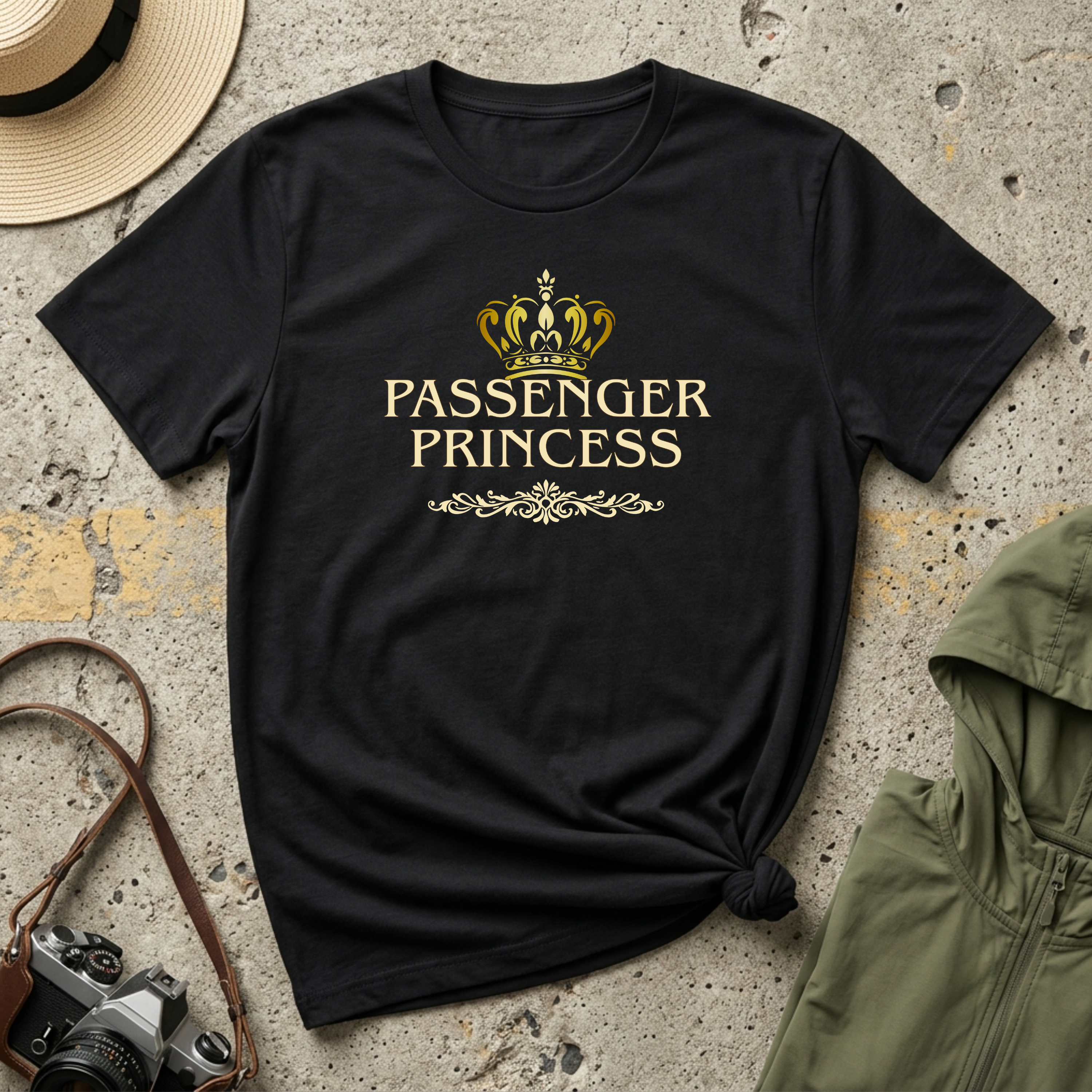'Passenger Princess' black T-shirt featuring a gold crown and vintage typography.