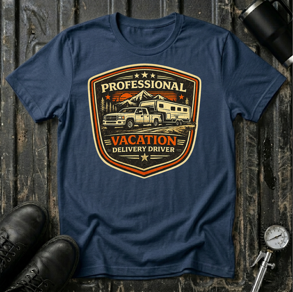 Professional Vacation Delivery Driver light truck T-shirt by The Riverstone Life on a navy Gildan Softstyle 64000 featuring a pickup truck hauling a fifth-wheel RV through a mountain landscape.