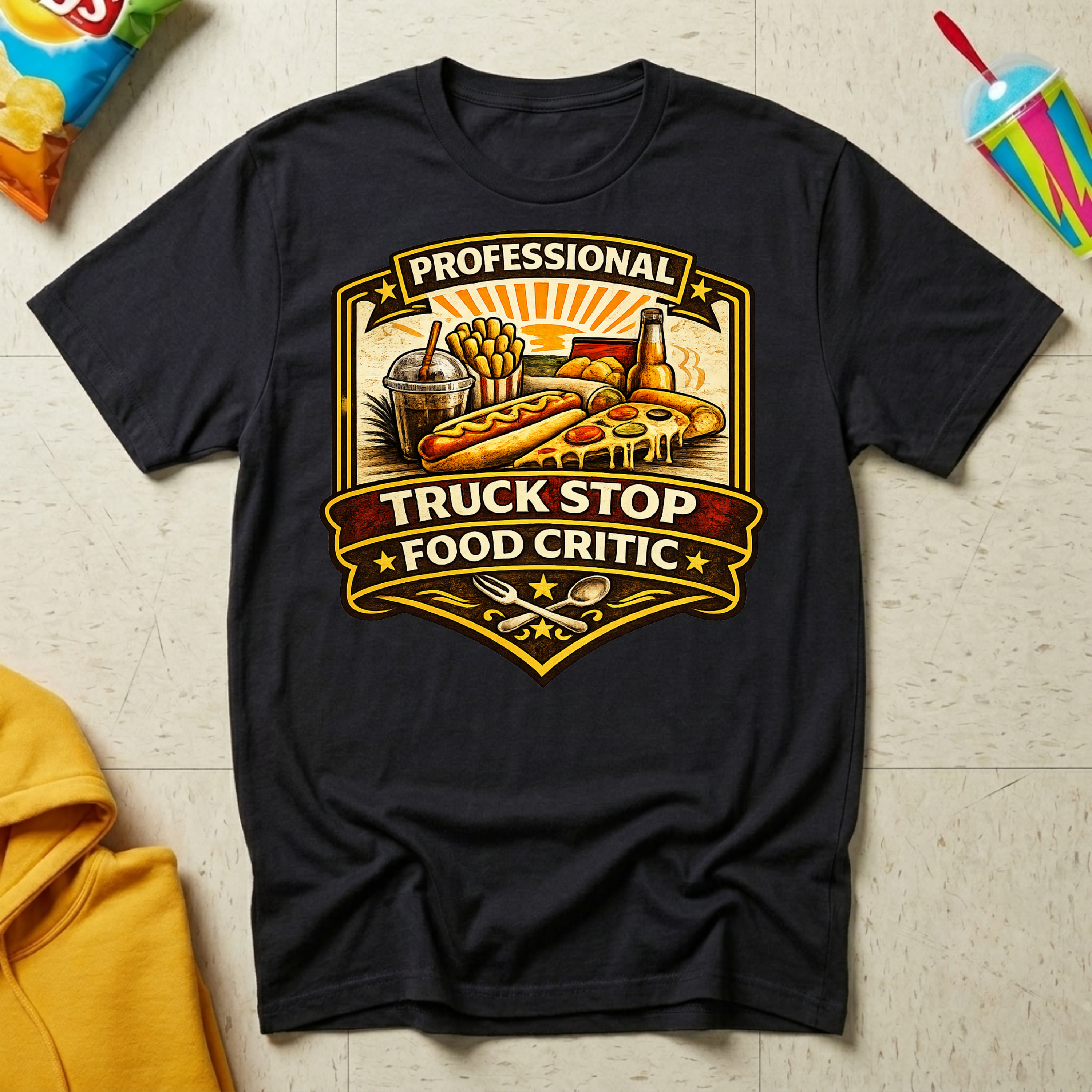 Professional Truck Stop Food Critic T-shirt by The Riverstone Life on a black Gildan Softstyle 64000 featuring a humorous truck stop meal design with classic roadside foods.