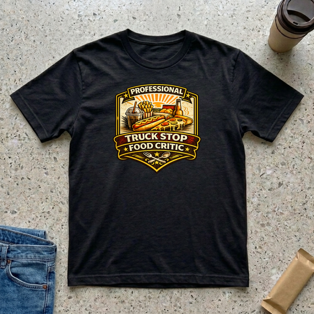 Professional Truck Stop Food Critic T-shirt by The Riverstone Life on a black Gildan Softstyle 64000 featuring a humorous truck stop meal design with classic roadside foods.
