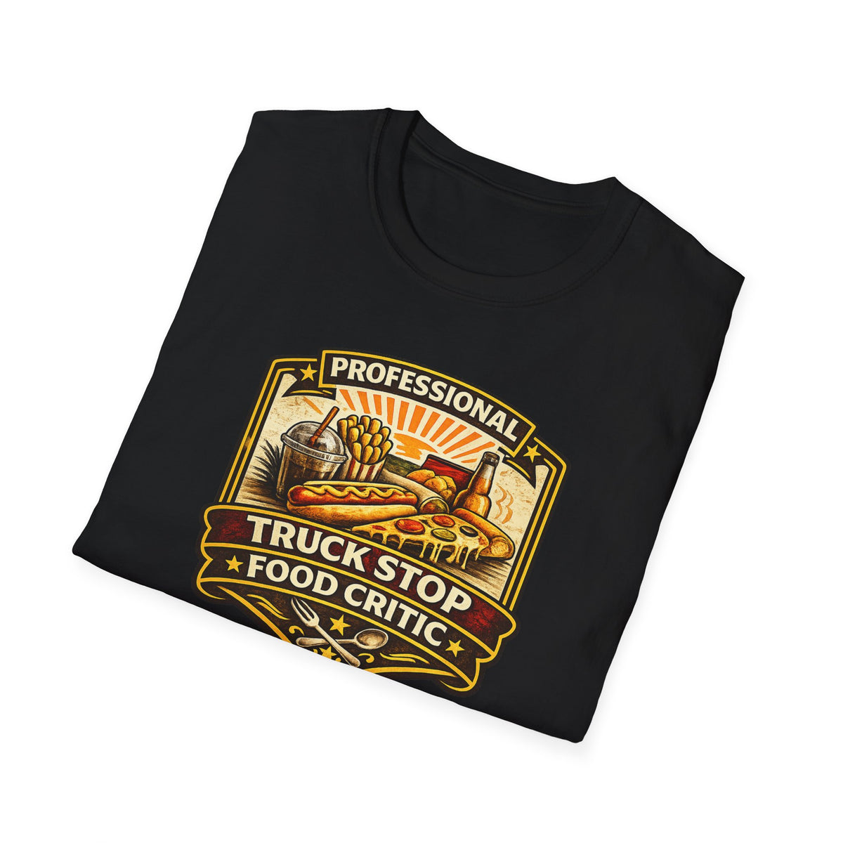 Professional Truck Stop Food Critic T-shirt by The Riverstone Life on a black folded Gildan Softstyle 64000 featuring a humorous truck stop meal design with classic roadside foods.
