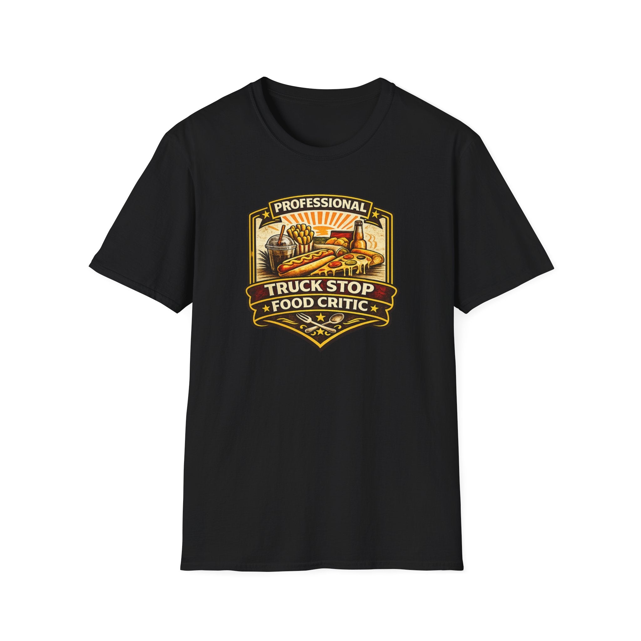 Professional Truck Stop Food Critic T-shirt by The Riverstone Life on a black Gildan Softstyle 64000 featuring a humorous truck stop meal design with classic roadside foods on a white background