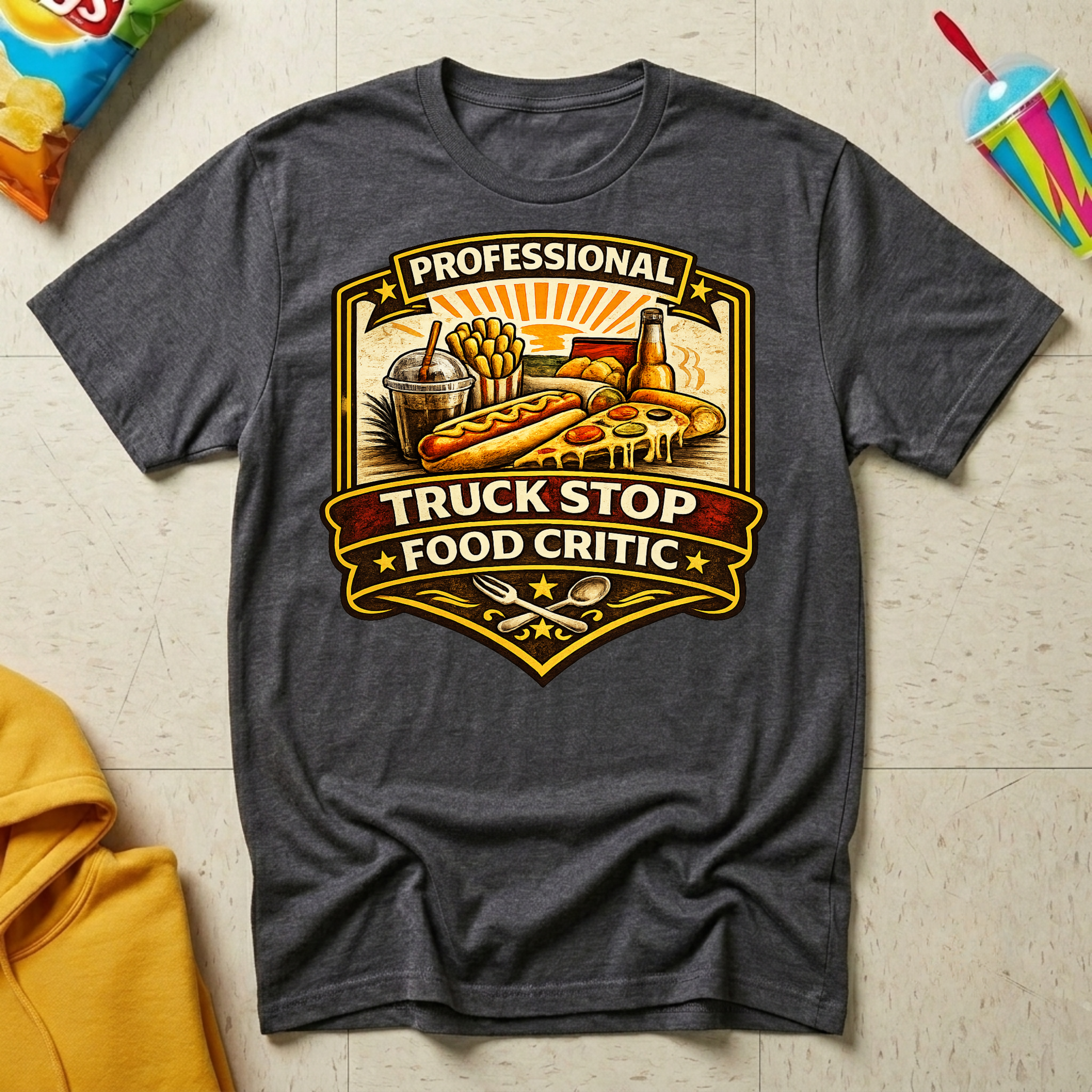 Professional Truck Stop Food Critic T-shirt by The Riverstone Life on a dark heather Gildan Softstyle 64000 featuring a humorous truck stop meal design with classic roadside foods.