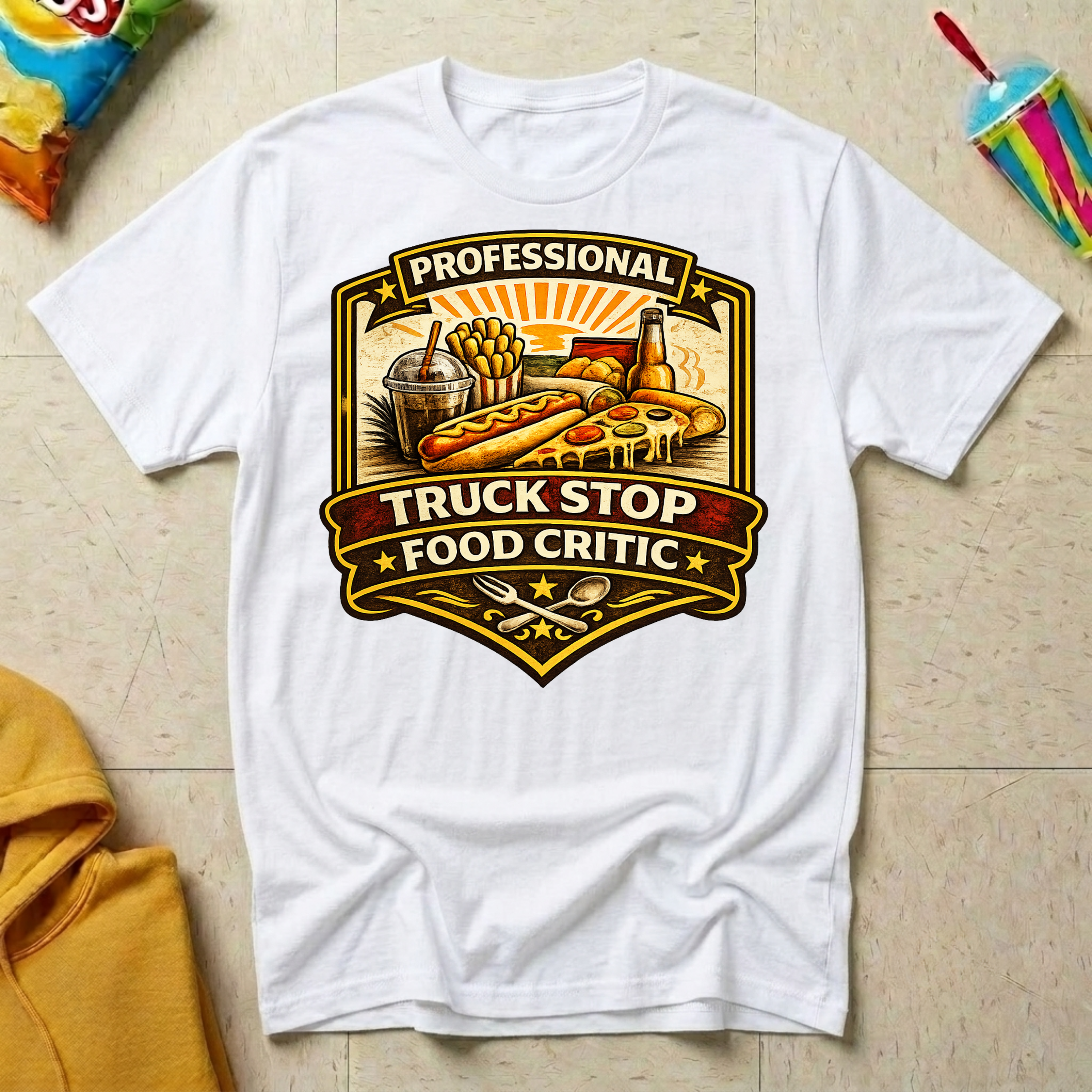 Professional Truck Stop Food Critic T-shirt by The Riverstone Life on a white Gildan Softstyle 64000 featuring a humorous truck stop meal design with classic roadside foods.
