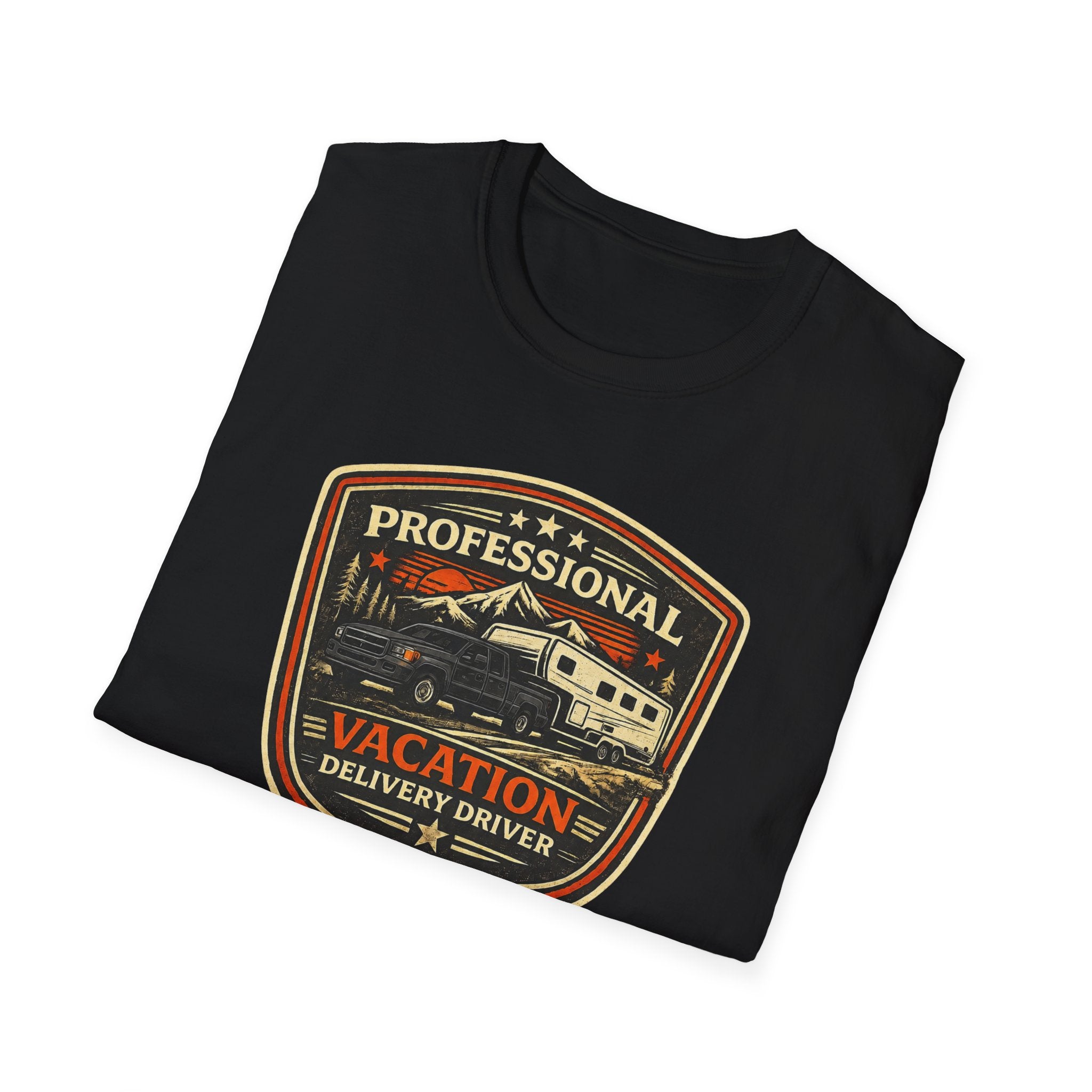 Black folded RV Transport T-shirt featuring a pickup truck towing a camper with the phrase "Professional Vacation Delivery Driver" in a vintage badge design