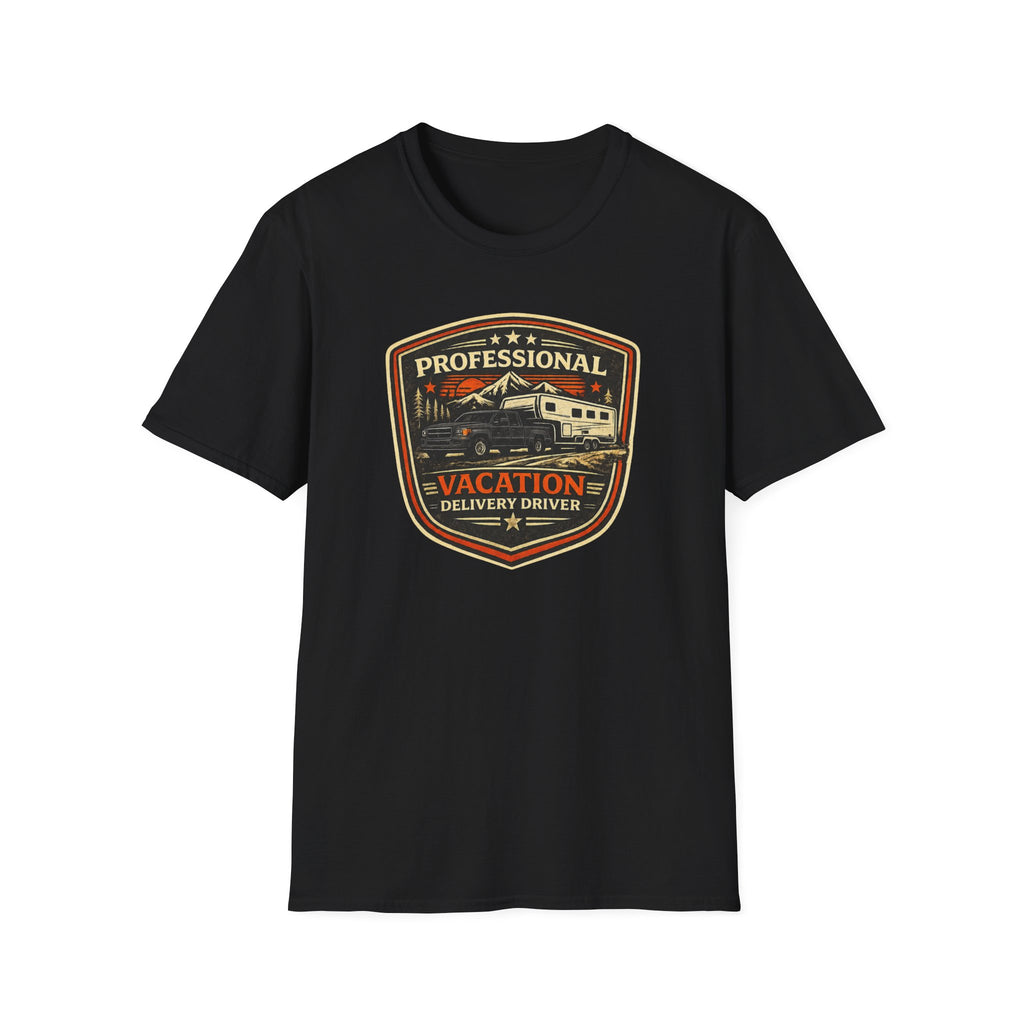 Black RV Transport T-shirt featuring a pickup truck towing a camper with the phrase "Professional Vacation Delivery Driver" in a vintage badge design on a white background
