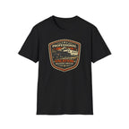 Black RV Transport T-shirt featuring a pickup truck towing a camper with the phrase "Professional Vacation Delivery Driver" in a vintage badge design on a white background