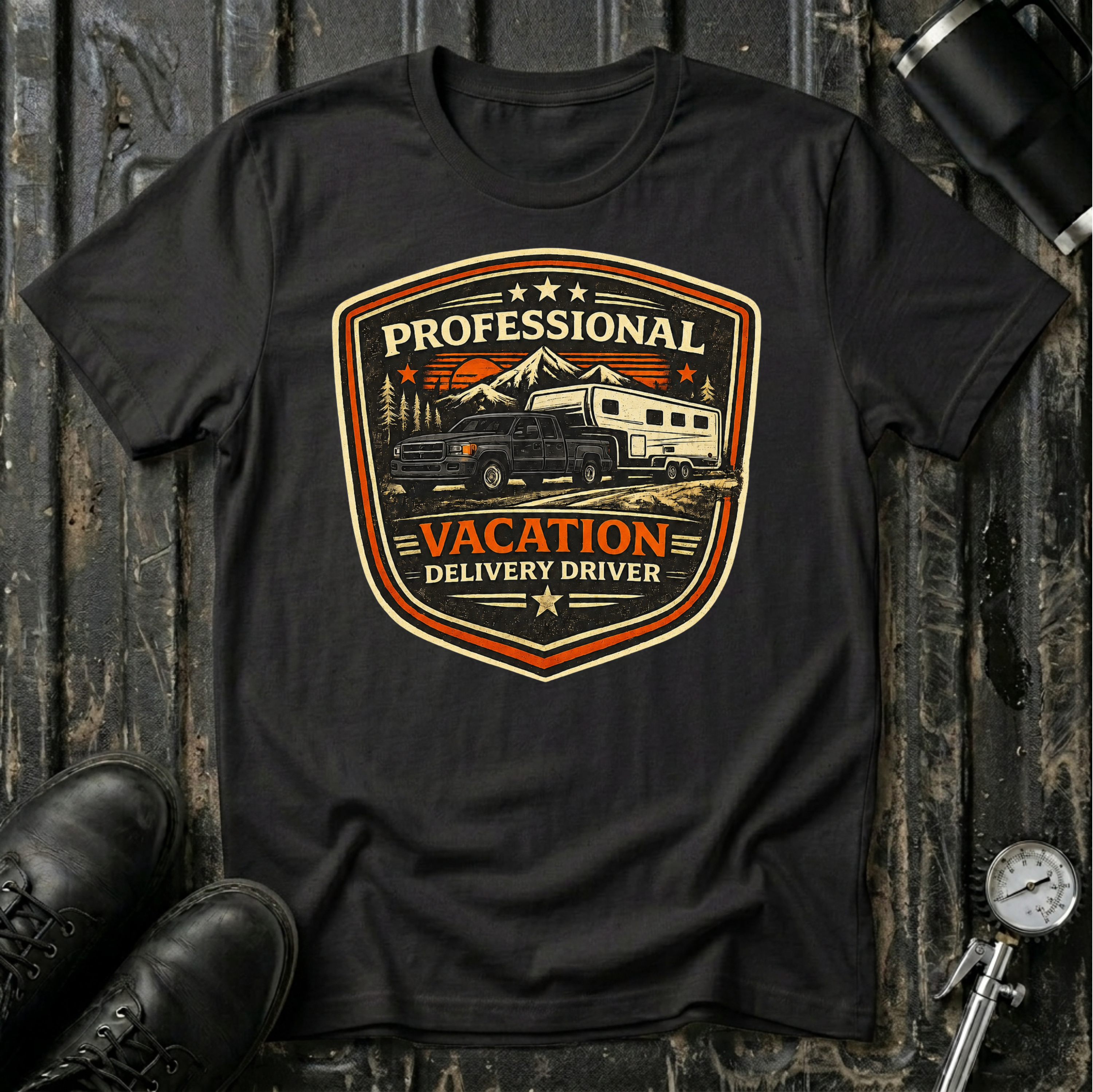 Professional Vacation Delivery Driver dark truck T-shirt by The Riverstone Life on a black Gildan Softstyle 64000 featuring a pickup truck hauling a fifth-wheel Rv through a mountain landscape.