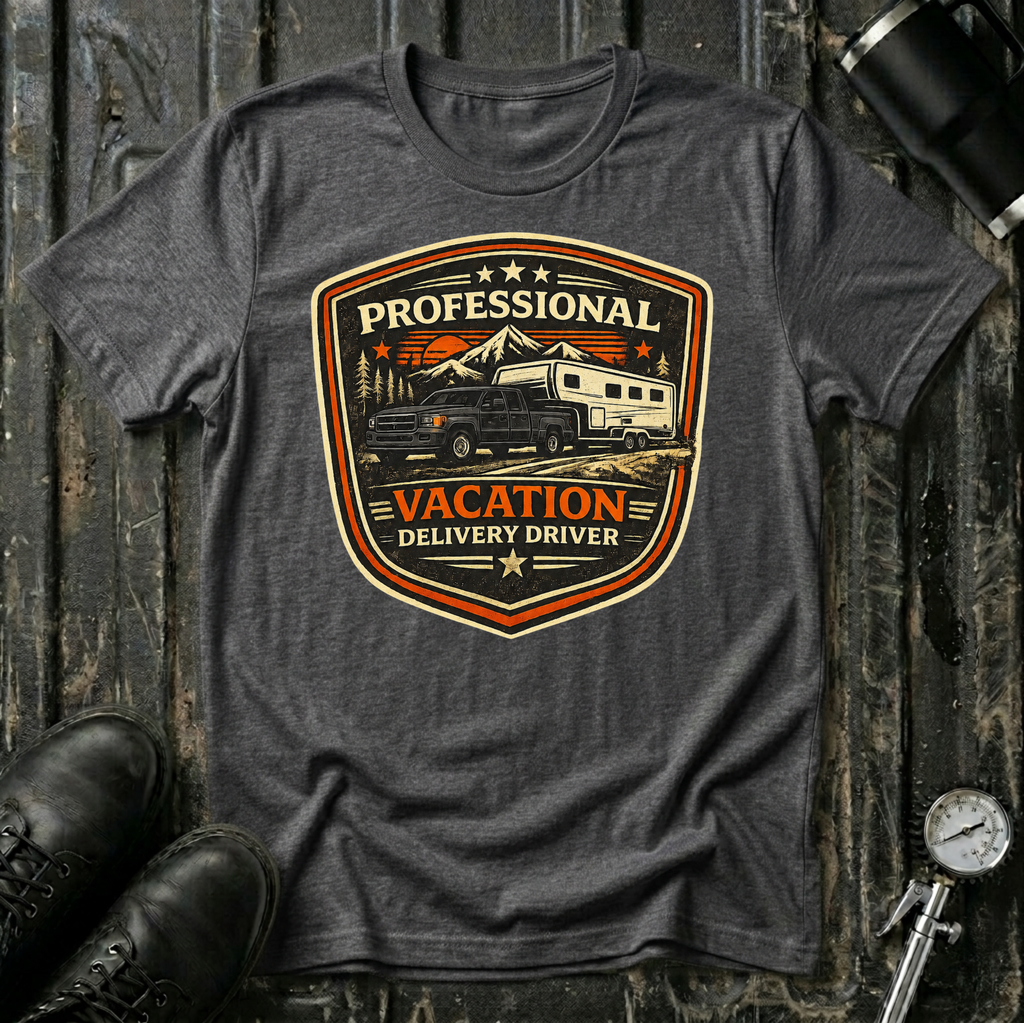 Professional Vacation Delivery Driver dark truck T-shirt by The Riverstone Life on a dark heather Gildan Softstyle 64000 featuring a pickup truck hauling a fifth-wheel Rv through a mountain landscape.