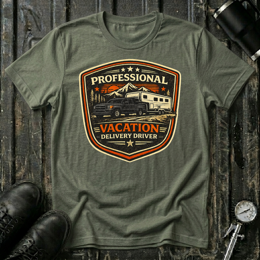 Professional Vacation Delivery Driver dark truck T-shirt by The Riverstone Life on a military green  Gildan Softstyle 64000 featuring a pickup truck hauling a fifth-wheel Rv through a mountain landscape.