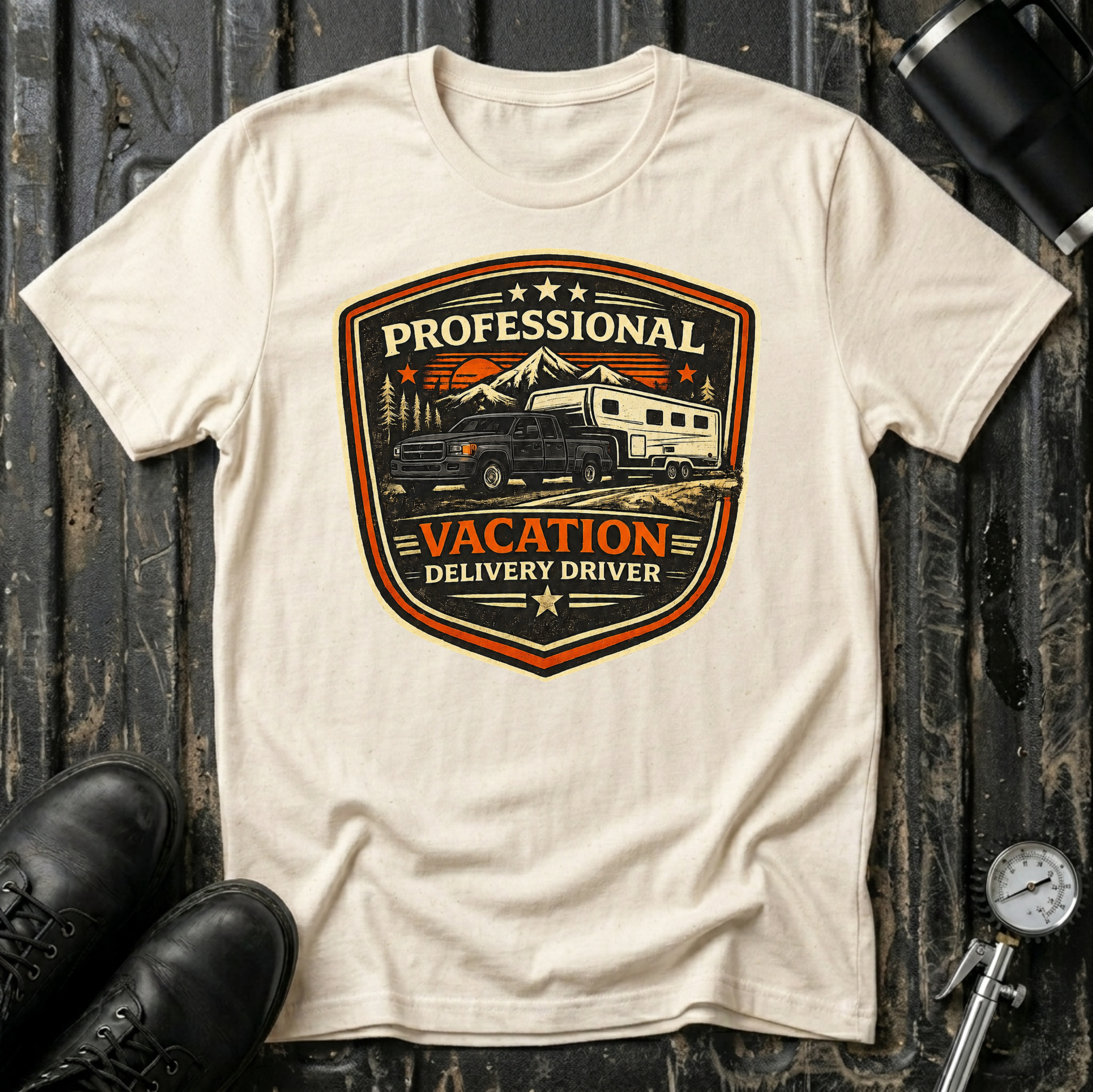Professional Vacation Delivery Driver dark truck T-shirt by The Riverstone Life on a natural Gildan Softstyle 64000 featuring a pickup truck hauling a fifth-wheel Rv through a mountain landscape.