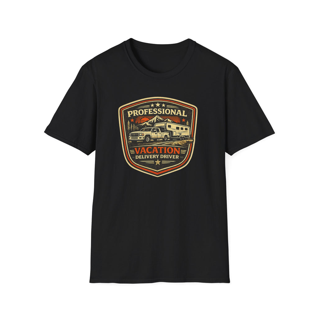 Black RV Transport T-shirt featuring a light pickup truck towing a camper with the phrase "Professional Vacation Delivery Driver" in a vintage badge design on a white background