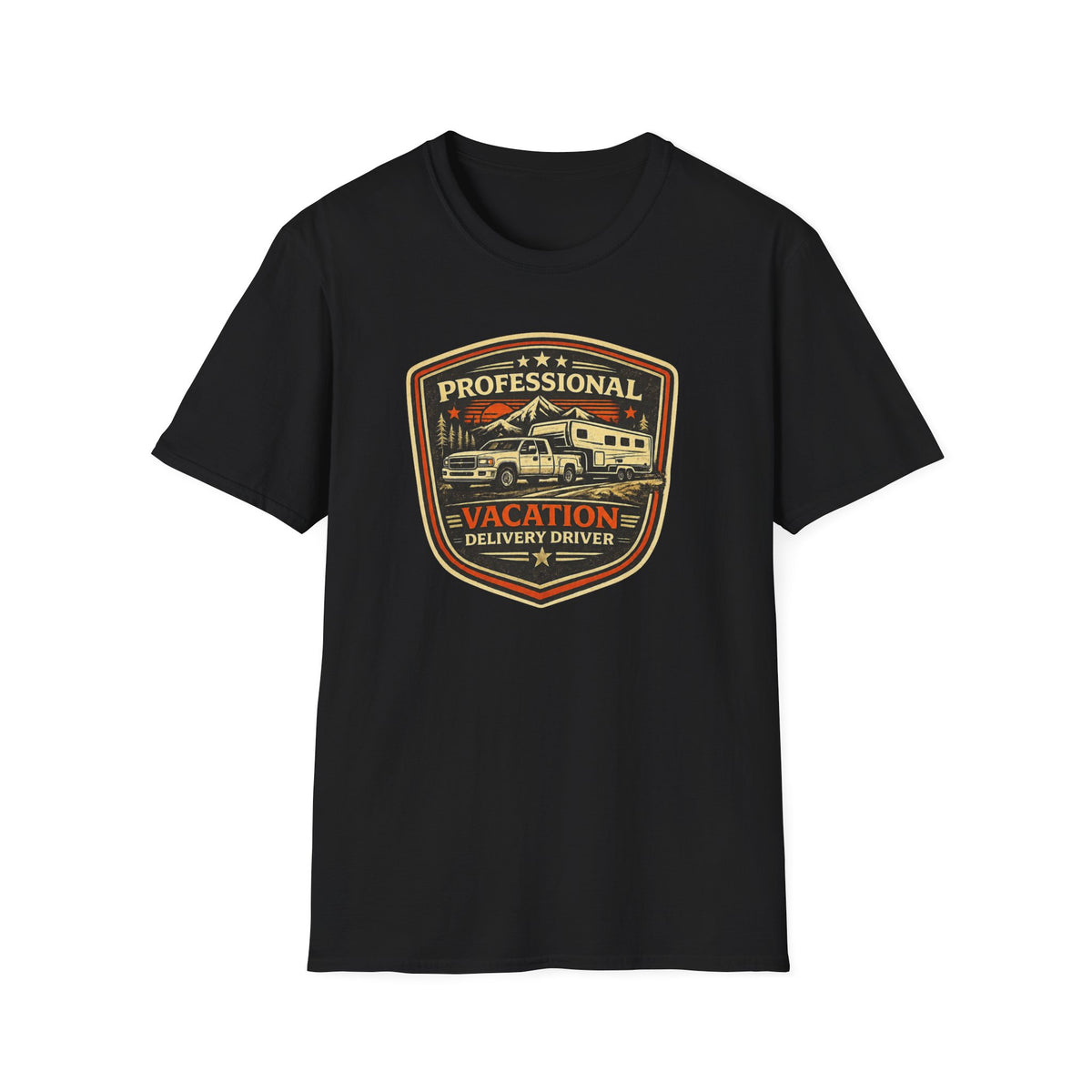 Black RV Transport T-shirt featuring a light pickup truck towing a camper with the phrase "Professional Vacation Delivery Driver" in a vintage badge design on a white background