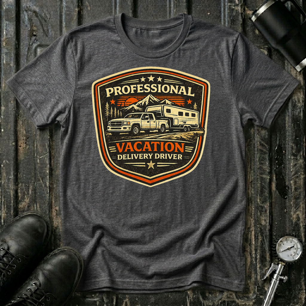 Professional Vacation Delivery Driver light truck T-shirt by The Riverstone Life on a dark heather  Gildan Softstyle 64000 featuring a pickup truck hauling a fifth-wheel RV through a mountain landscape.