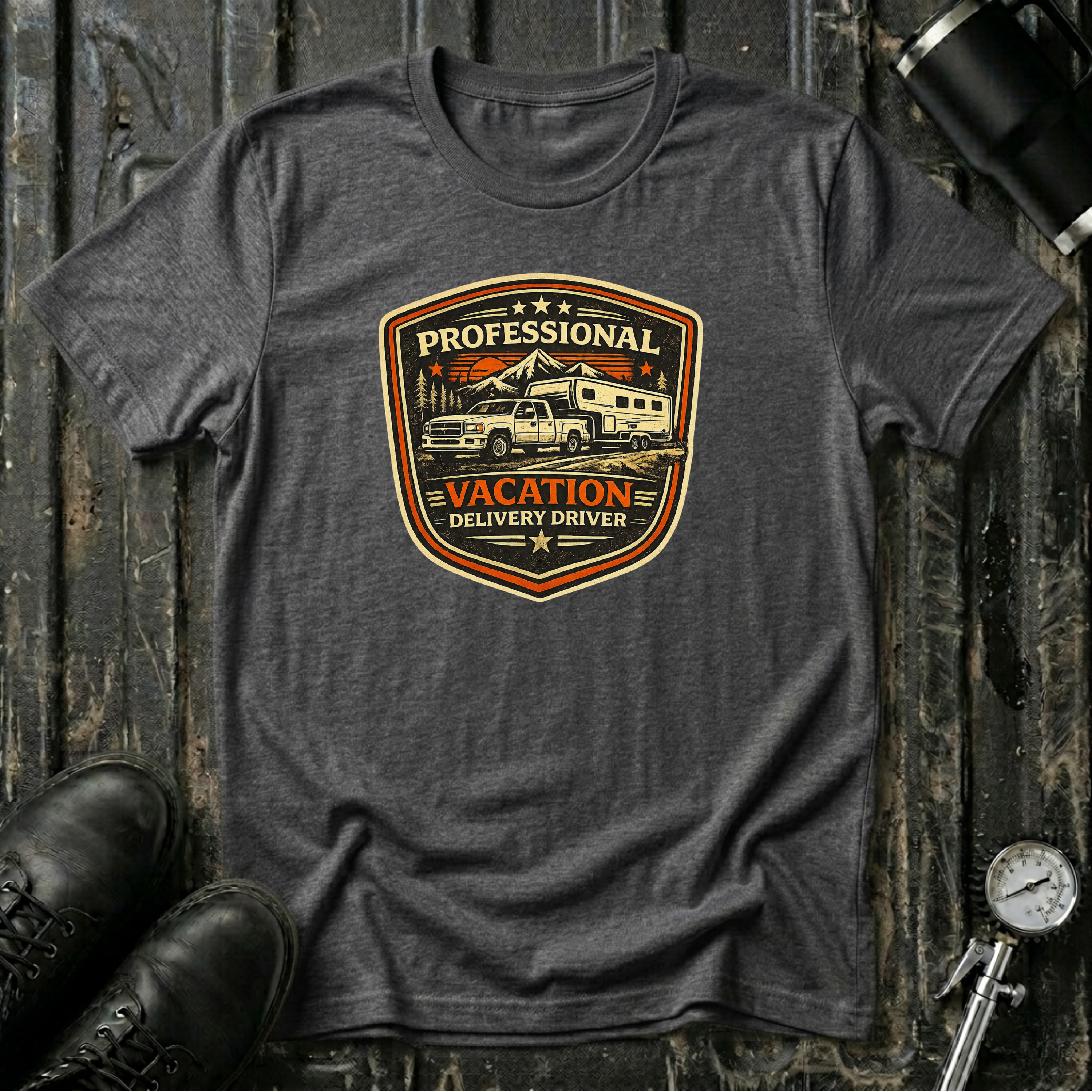 Dark heather RV Transport T-shirt featuring a light pickup truck towing a camper with the phrase "Professional Vacation Delivery Driver" in a vintage badge design.