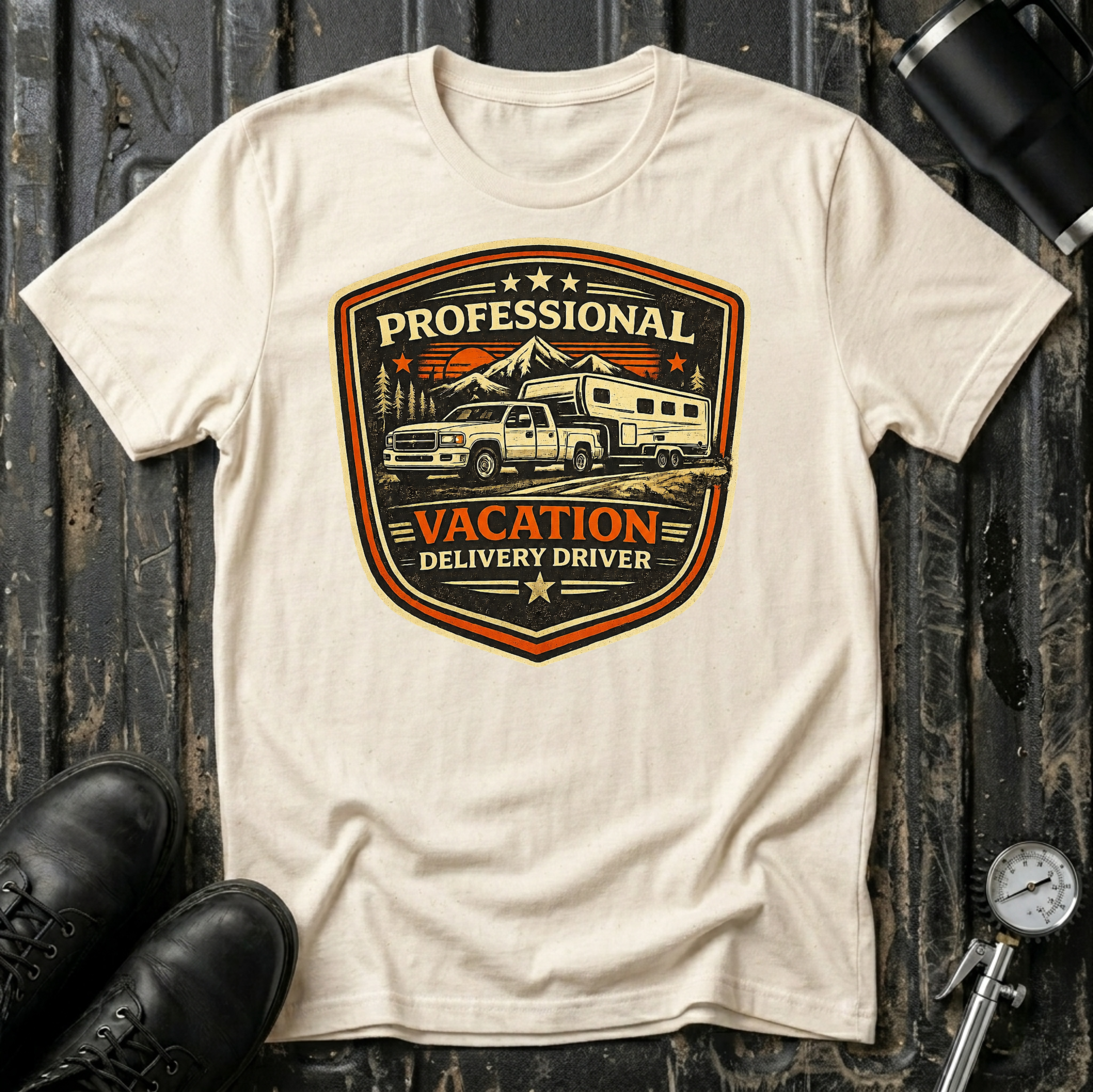Professional Vacation Delivery Driver light truck T-shirt by The Riverstone Life on a natural Gildan Softstyle 64000 featuring a pickup truck hauling a fifth-wheel RV through a mountain landscape.