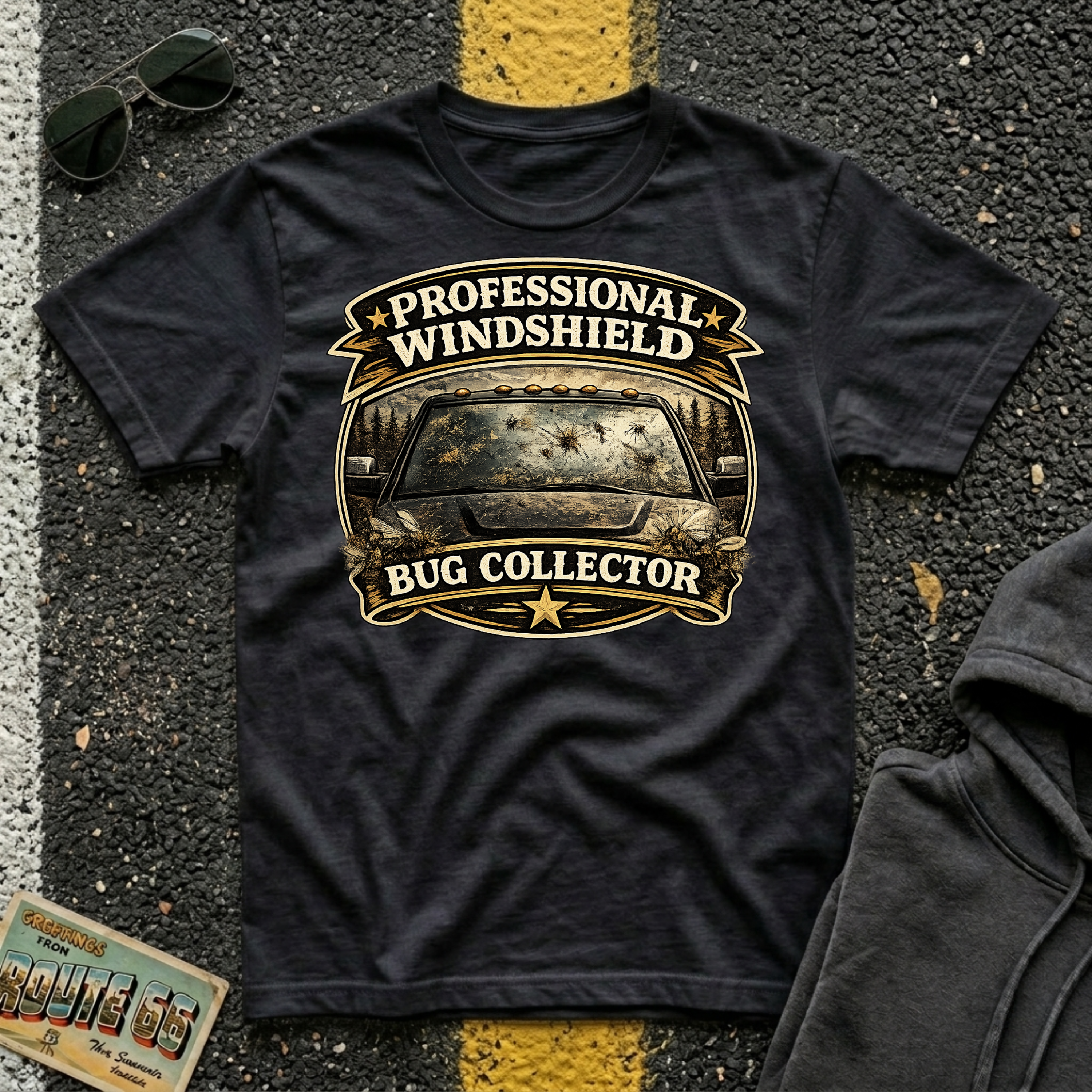 Professional Windshield Bug Collector by The Riverstone Life on a black Gildan Softstyle 64000 featuring a humorious vintage road design with smashed bugs on the truck.