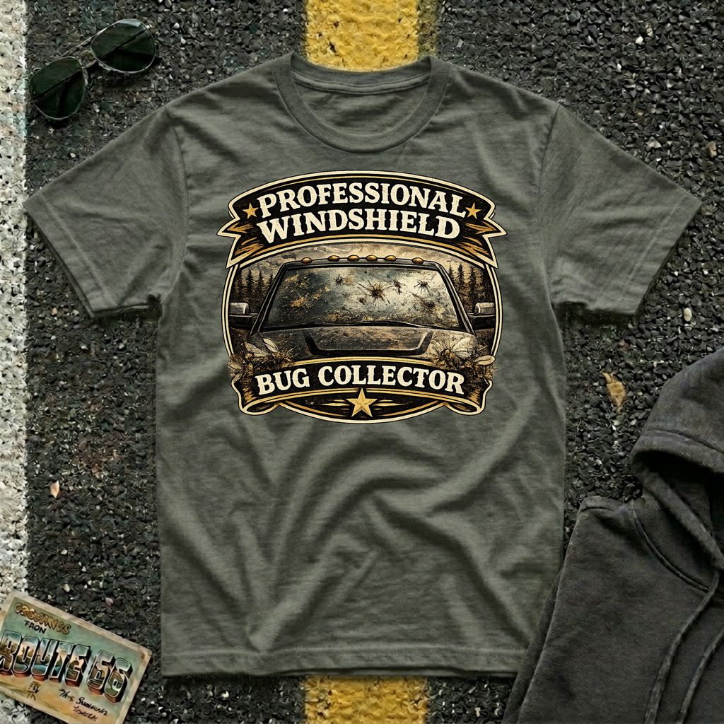 Professional Windshield Bug Collector by The Riverstone Life on a military green Gildan Softstyle 64000 featuring a humorious vintage road design with smashed bugs on the truck.