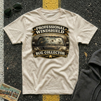 Professional Windshield Bug Collector by The Riverstone Life on a natural Gildan Softstyle 64000 featuring a humorious vintage road design with smashed bugs on the truck.