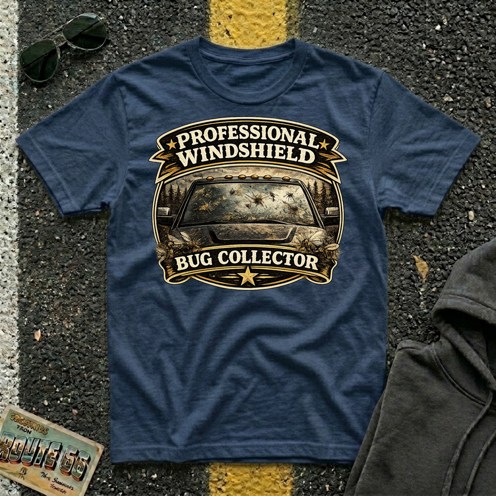 Professional Windshield Bug Collector by The Riverstone Life on a navy Gildan Softstyle 64000 featuring a humorious vintage road design with smashed bugs on the truck.