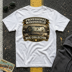 Professional Windshield Bug Collector by The Riverstone Life on a white Gildan Softstyle 64000 featuring a humorious vintage road design with smashed bugs on the truck.