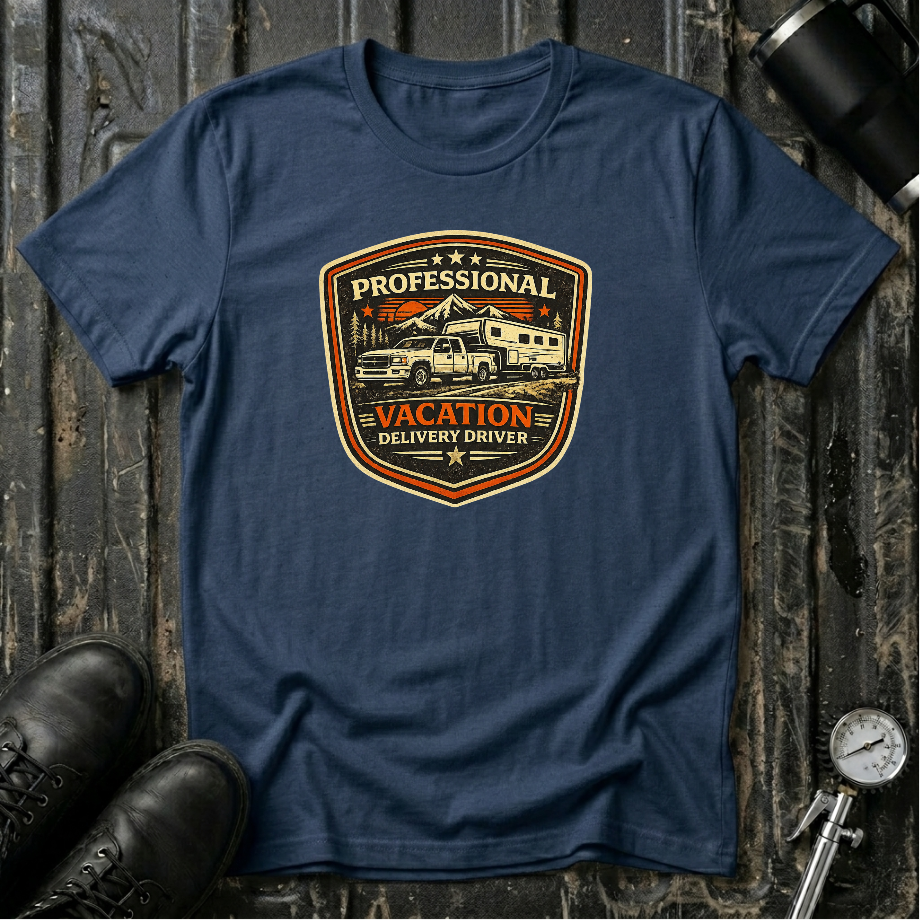 Navy RV Transport T-shirt featuring a light pickup truck towing a camper with the phrase "Professional Vacation Delivery Driver" in a vintage badge design.