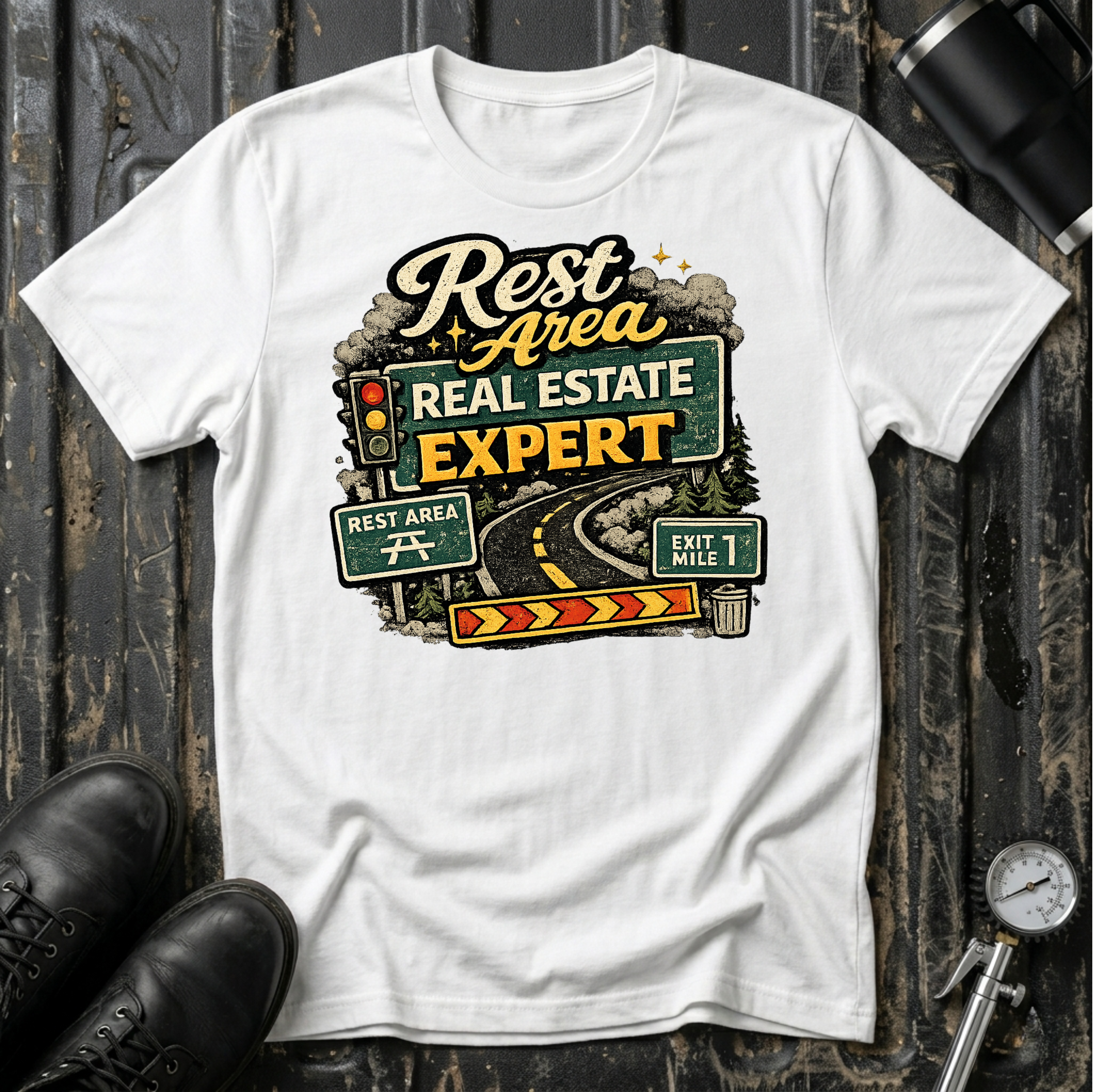 Rest Area Real Estate Expert T-shirt by The Riverstone Life featuring a white Gildan Softstyle 64000 featuring a humorous highway and rest area design for RV Transport drivers and road travelers.