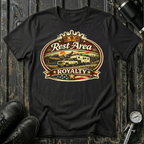 Rest Area Royalty T-shirt by The Riverstone Life on a black Gildan Softstyle 64000 featuring a pickup truck towing an RV at a scenic rest area.
