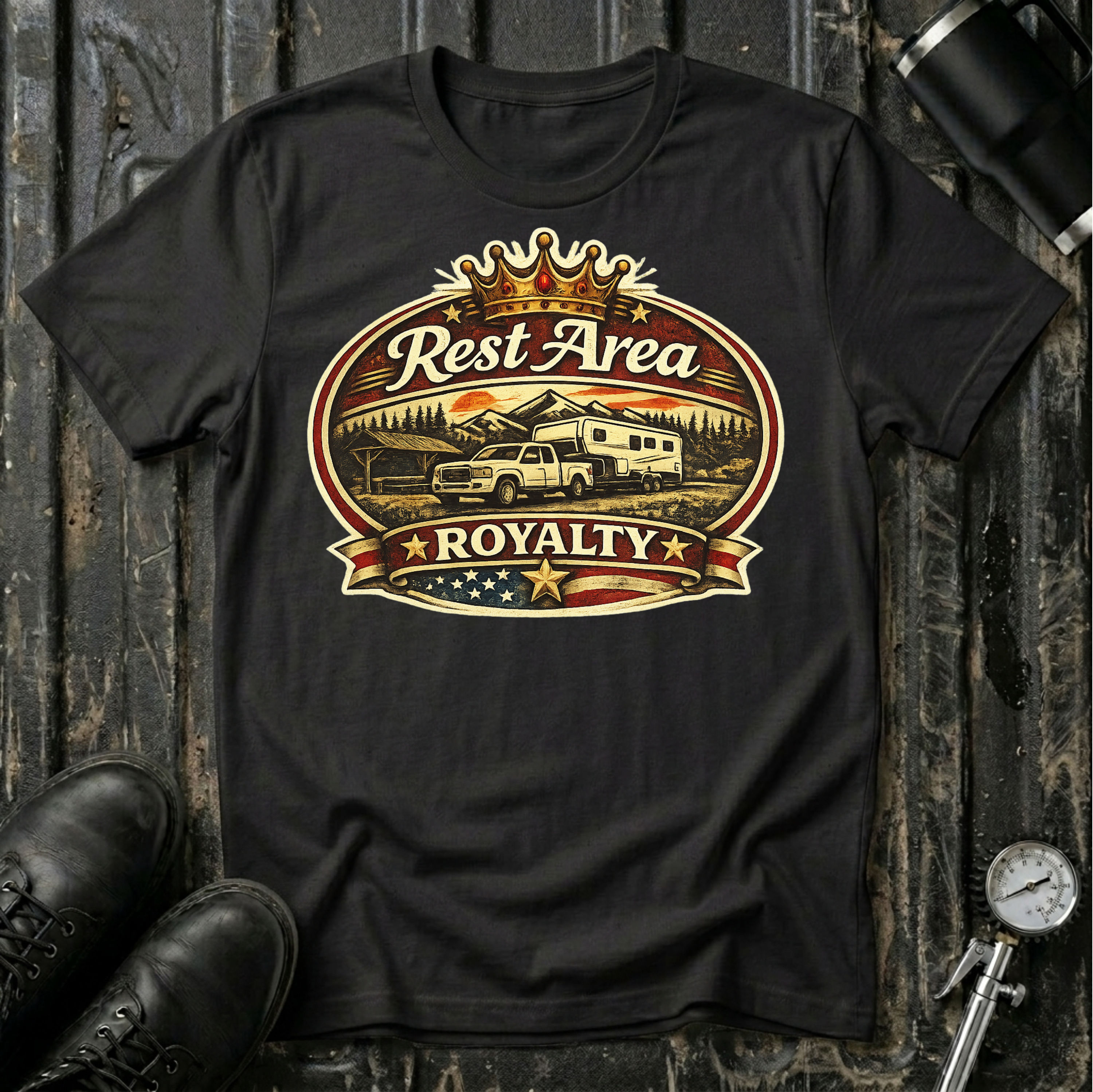 Rest Area Royalty T-shirt by The Riverstone Life on a black Gildan Softstyle 64000 featuring a pickup truck towing an RV at a scenic rest area.