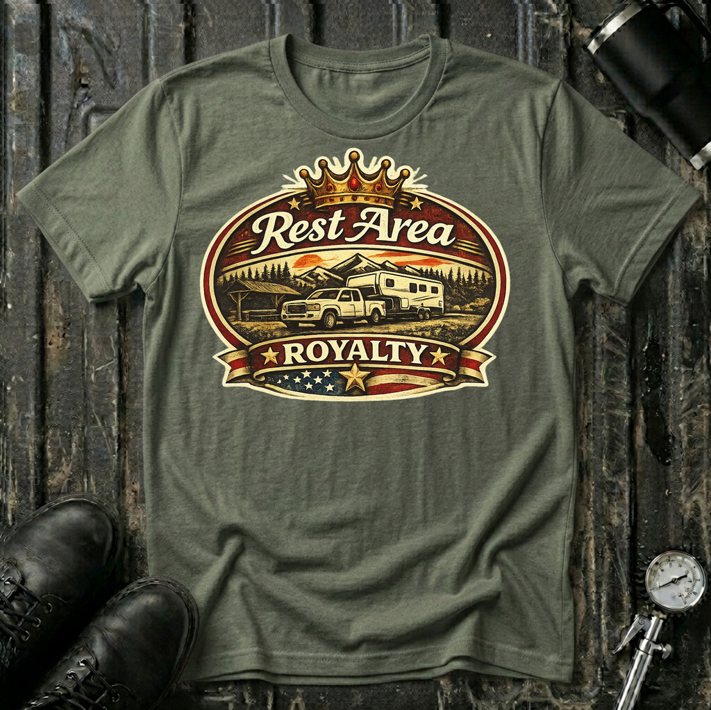 Rest Area Royalty T-shirt by The Riverstone Life on a military green Gildan Softstyle 64000 featuring a pickup truck towing an RV at a scenic rest area.