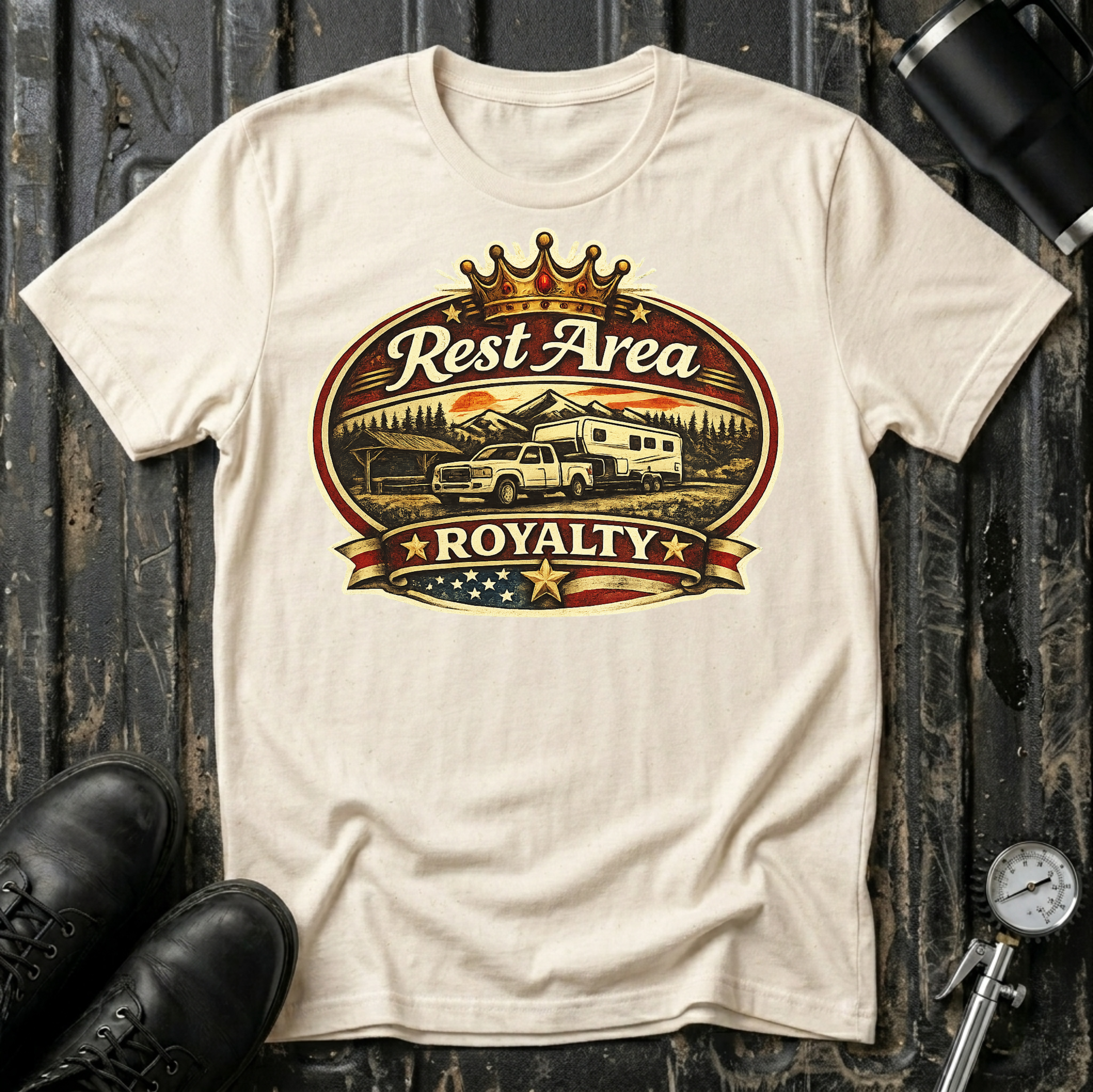 Rest Area Royalty T-shirt by The Riverstone Life on a natural Gildan Softstyle 64000 featuring a pickup truck towing an RV at a scenic rest area.