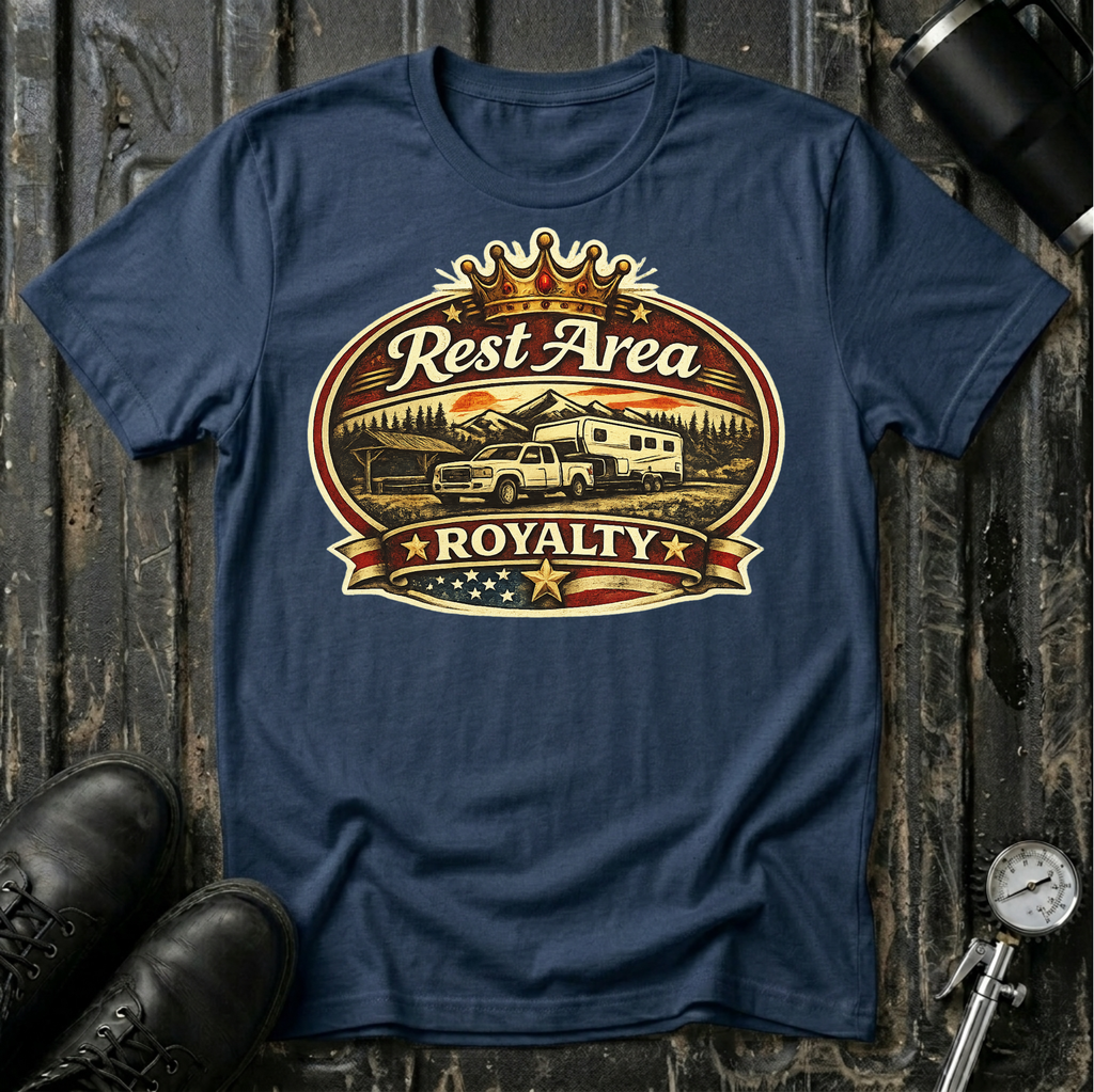 Rest Area Royalty T-shirt by The Riverstone Life on a navy Gildan Softstyle 64000 featuring a pickup truck towing an RV at a scenic rest area.