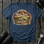 Rest Area Royalty T-shirt by The Riverstone Life on a navy Gildan Softstyle 64000 featuring a pickup truck towing an RV at a scenic rest area.