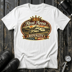 Rest Area Royalty T-shirt by The Riverstone Life on a white Gildan Softstyle 64000 featuring a pickup truck towing an RV at a scenic rest area.