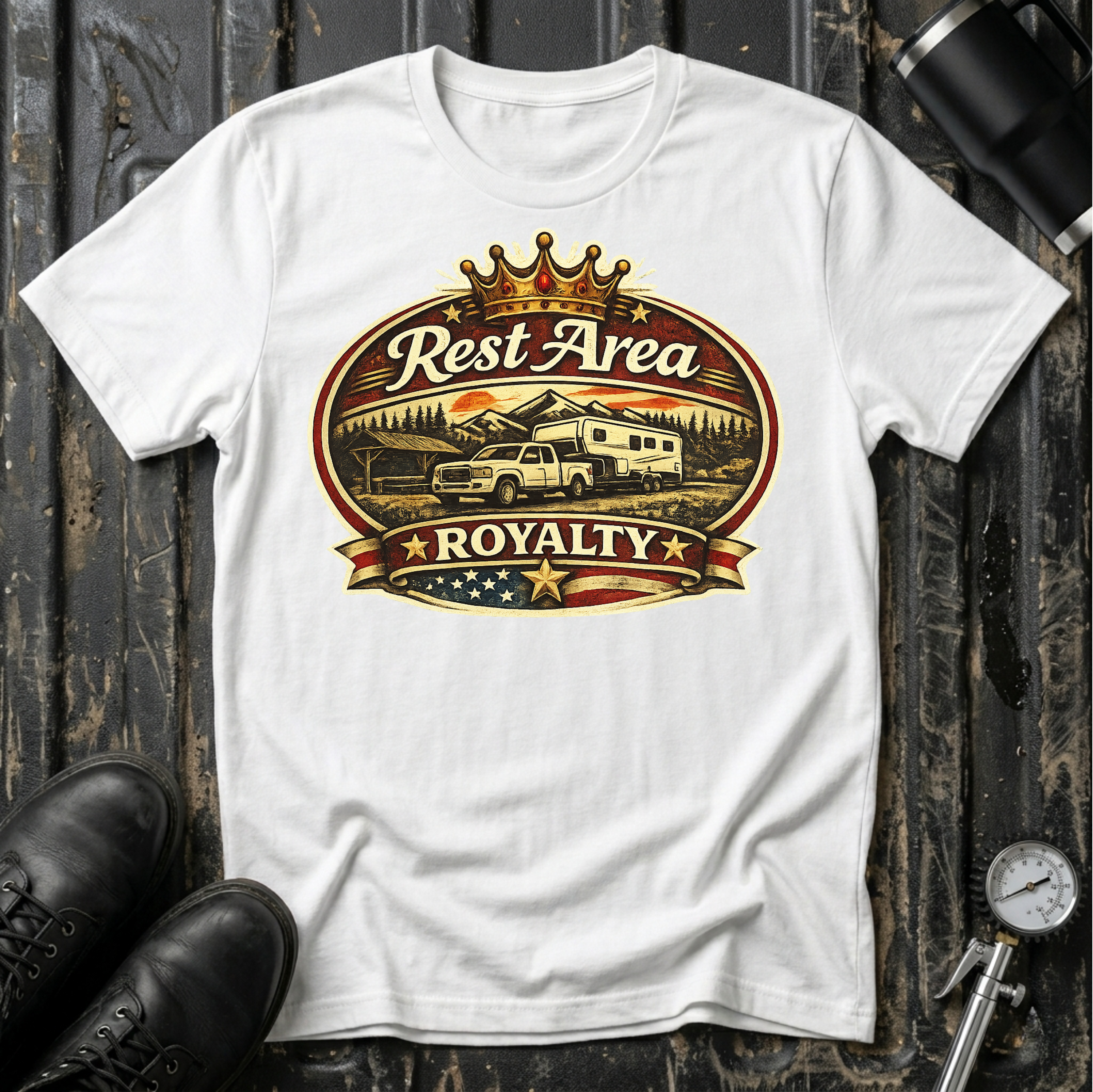 Rest Area Royalty T-shirt by The Riverstone Life on a white Gildan Softstyle 64000 featuring a pickup truck towing an RV at a scenic rest area.