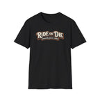 Ride or Die (Mostly Just Ride) funny road trip graphic T-shirt with vintage typography on black tee on a white background