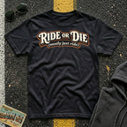 Ride or Die Mostly Just Ride T-shirt featuring a vintage script design for road trip enthusiasts, RV travelers, and adventure lovers.