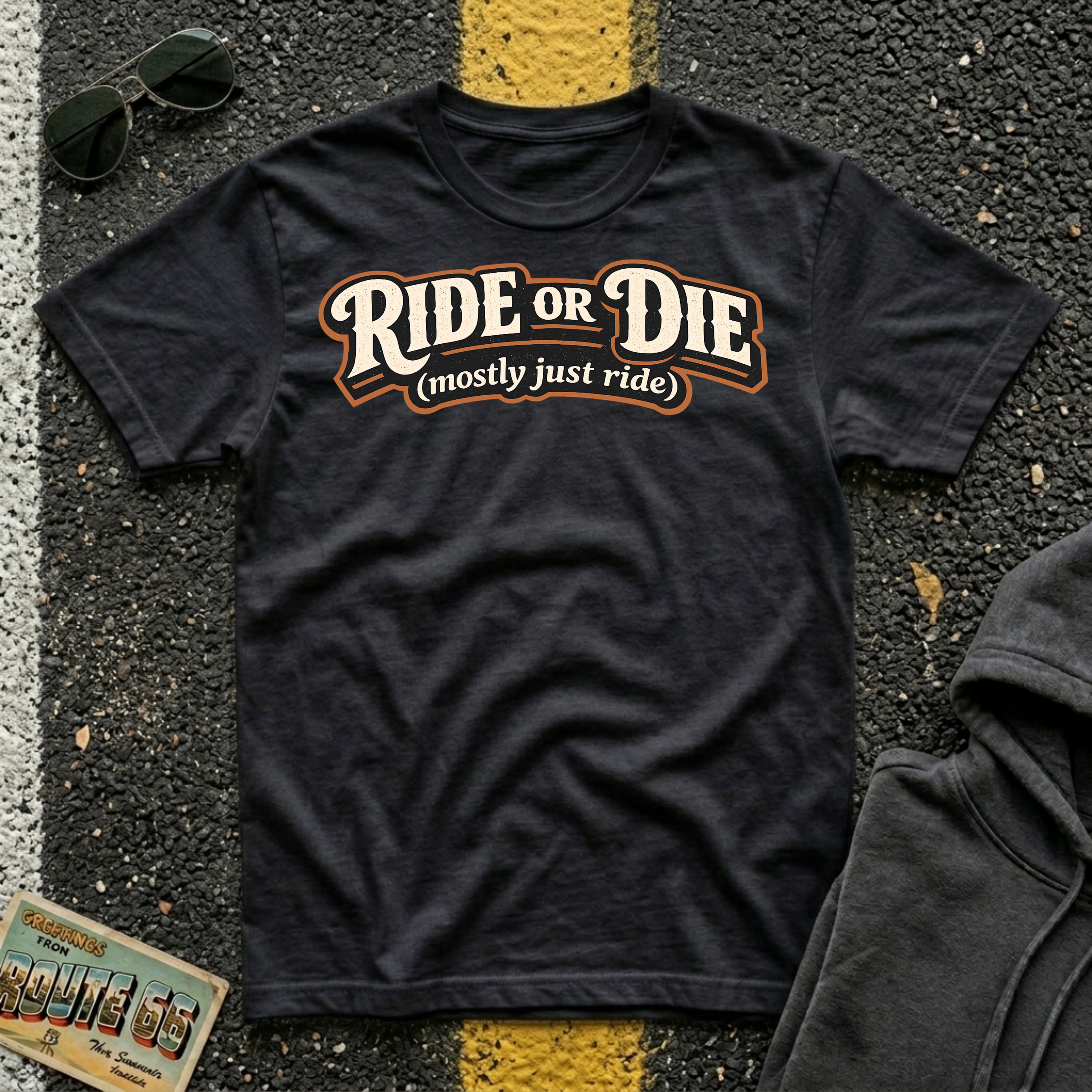 Ride or Die Mostly Just Ride T-shirt featuring a vintage script design for road trip enthusiasts, RV travelers, and adventure lovers.